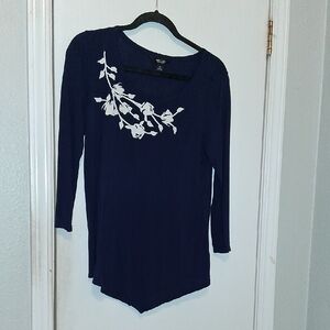 Simply Vera VeraWang Navy Blue 3/4 Sleeve White Floral Accent Top Sz XS